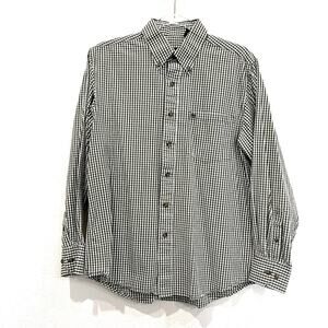 Izod Olive Green & White Gingham Print Long Sleeve Button Down Shirt - Medium